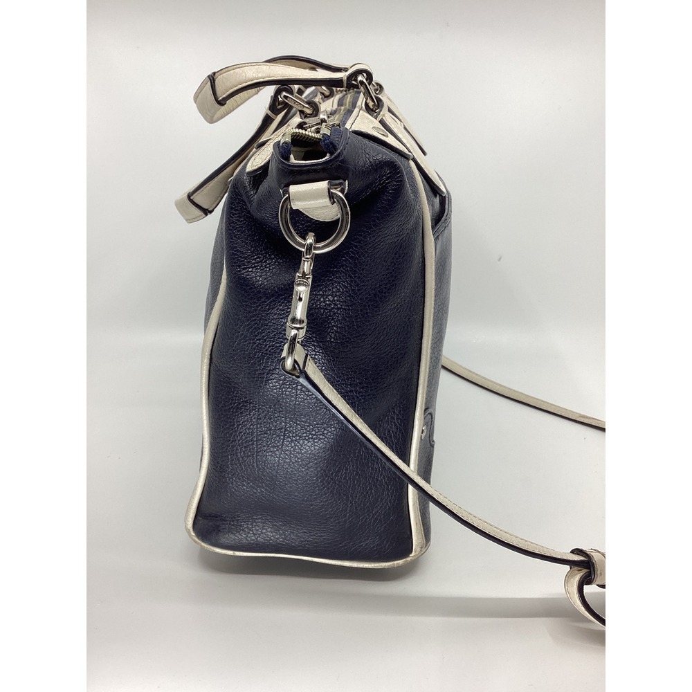 Coach Navy Blue Pebbled Leather Satchel Crossbody Bag White Trim Silver FLAWS - Picture 9 of 11